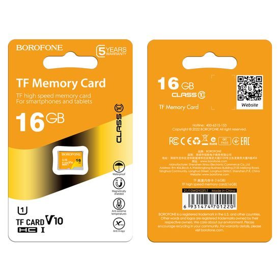 Borofone Class10 Paměťová karta MicroSD, 16GB, SDHC, 85MB/s