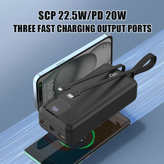 JP Powerbank z dvema vgrajenima kabloma, 30000 mAh, USB-C + Lightning, z LED lučko, PD 22,5W, črna
