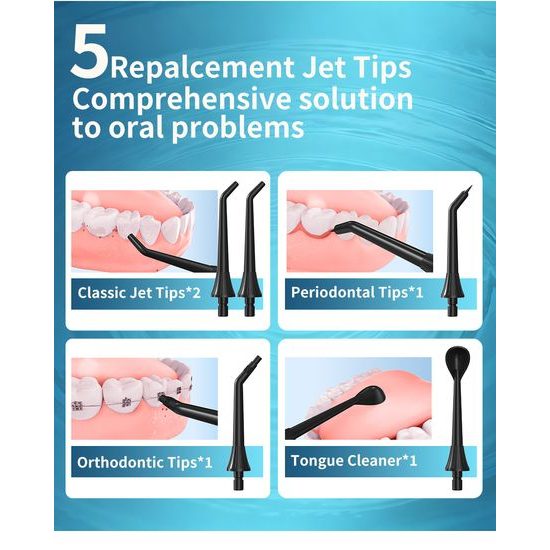 Bezprzewodowy irygator dentystyczny z zestawem końcówek, 4 tryby, zbiornik 300 ml, USB-C, biały