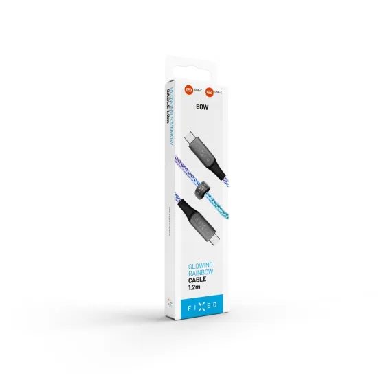 Világító töltőkábel FIXED USB-C - USB-C, PD 60W, 1,2m, szivárvány