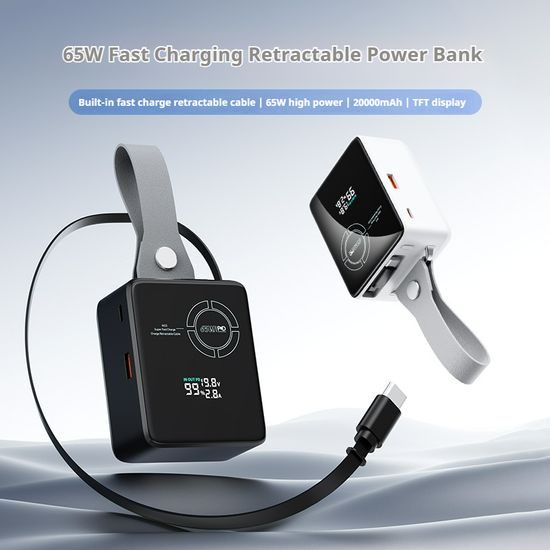 Powerbank για laptops 65W PD με συρόμενο καλώδιο USB-C και ψηφιακή οθόνη, 20000 mAh, μαύρο