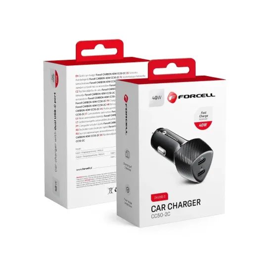 Forcell Carbon Car adapter, 2x USB-C 3.0 PD20W, CC50-2C, črn