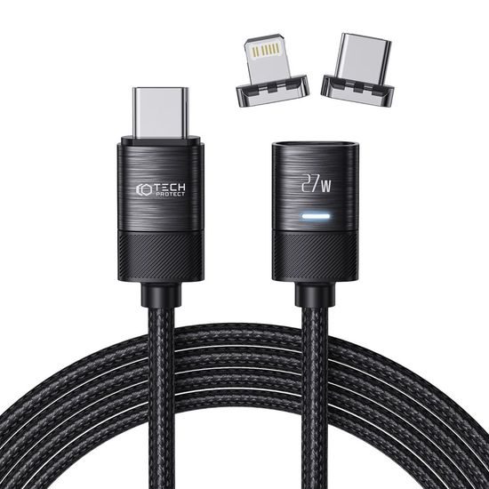 Tech-Protect UltraBoost magnetni kabel, USB-C - Lightning + USB-C, PD27W/3A, 2 m, črn