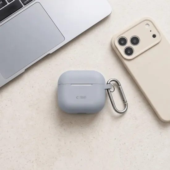 Tech-Protect Siliconen Hoesje voor Apple AirPods 4 / 5 - met Karabijnhaak - Grijs