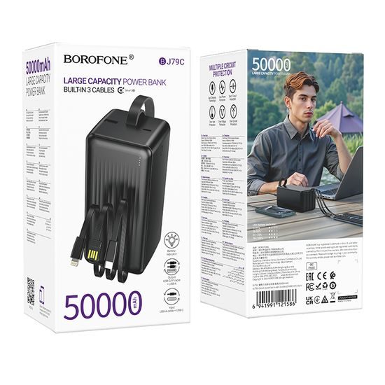 Borofone akupank BJ79C 50000mAh USB-A + USB-C ja Lightning kaablitega – must