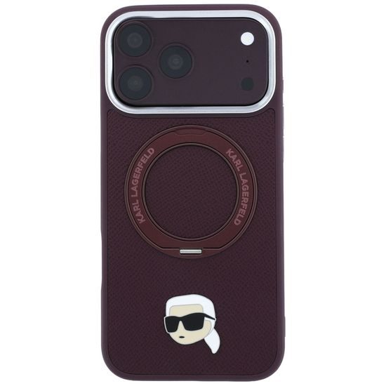 Karl Lagerfeld Leather Ring Stand 360 KC Pin MagSafe ümbris iPhone 17 Pro Max / 18 Pro Max – veininpunane