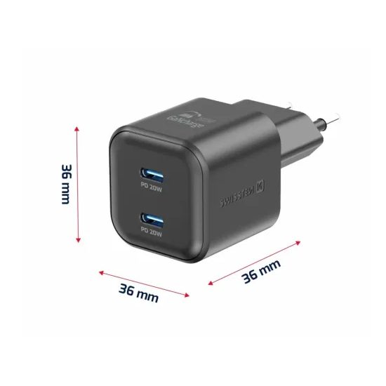 Swissten Síťový adaptér GaN 2x USB-C Power Delivery 20 W, černý