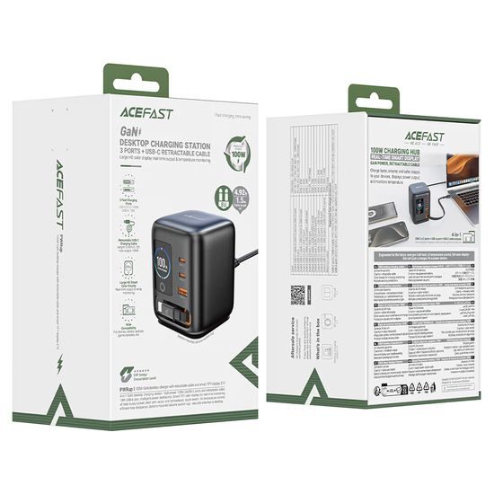Acefast Desktop Ladestation Z10 für Laptop, Tablet, Smartphone - 3× USB-C, USB-A, GaN PD 100W, ausziehbares USB-C Kabel - Schwarz