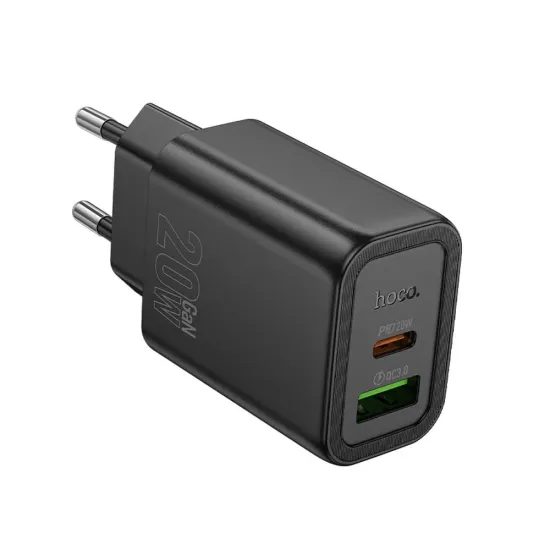 Hoco Δικτυακός Φορτιστής N61 USB + USB-C, PD QC3.0 3A 20W, μαύρος