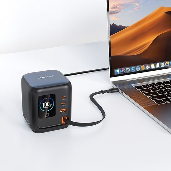 Acefast Desktop Ladestation Z10 für Laptop, Tablet, Smartphone - 3× USB-C, USB-A, GaN PD 100W, ausziehbares USB-C Kabel - Schwarz