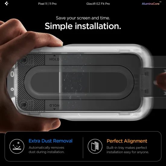 Google Pixel 11 / 11 Pro aizsargstikls – Spigen Glas.TR EZ Fit Pro rūdītā stikla komplekts 2 gab. ar uzstādīšanas rāmi