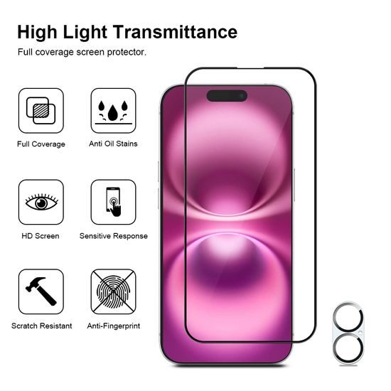JP Full Pack gehärteter Gläser, 2x 3D Glas mit Applikator + 2x Linsenglasschutz, iPhone 16