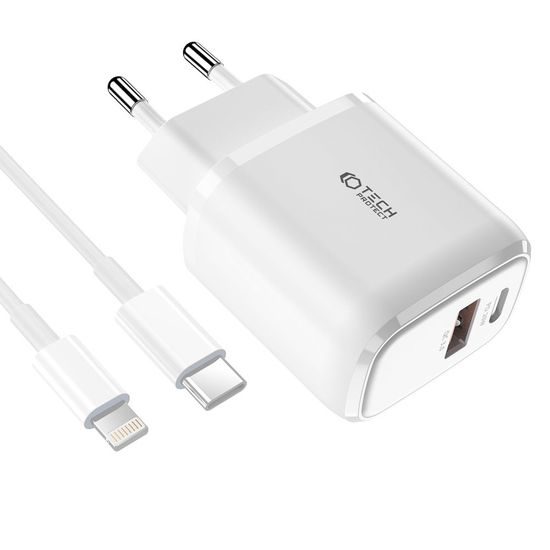 Tech-Protect C20W 2-portová síťová nabíječka PD20W / QC3.0 + kabel lightning, bílá