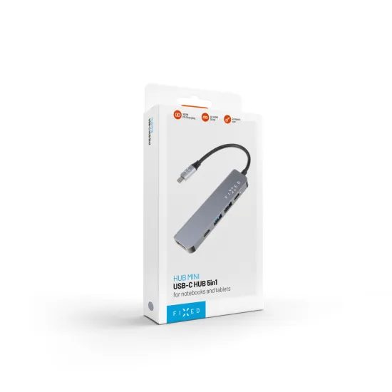Alumínium USB-C elosztó FIXED HUB Mini, 5 port, notebookokhoz és táblagépekhez, szürke