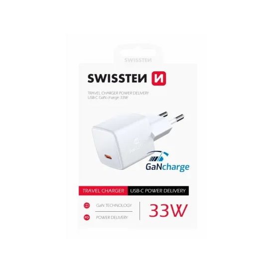 Swissten mini síťový adaptér GaN USB-C 33W power delivery, bílý