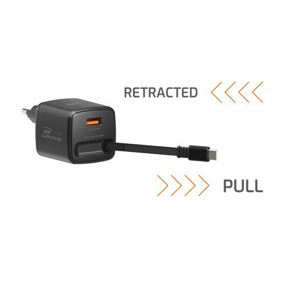 Swissten SlideCharge adapter sisseehitatud väljatõmmatava USB-C kaabliga GaN 30W 1x USB-A 18W – must