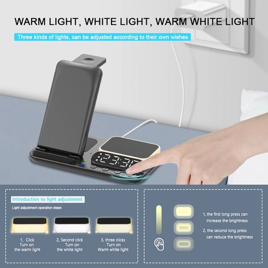 FoldCharge Clock 5 Pro Αναδιπλούμενος 5 σε 1 ασύρματος σταθμός φόρτισης με ρολόι και φωτιστικό νυκτός, λευκό