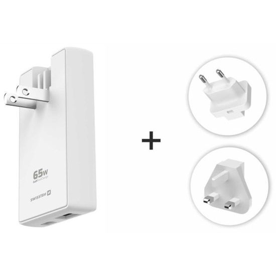 Swissten ταξιδιωτικός προσαρμογέας GaN USB-C + USB, 65W, λευκός