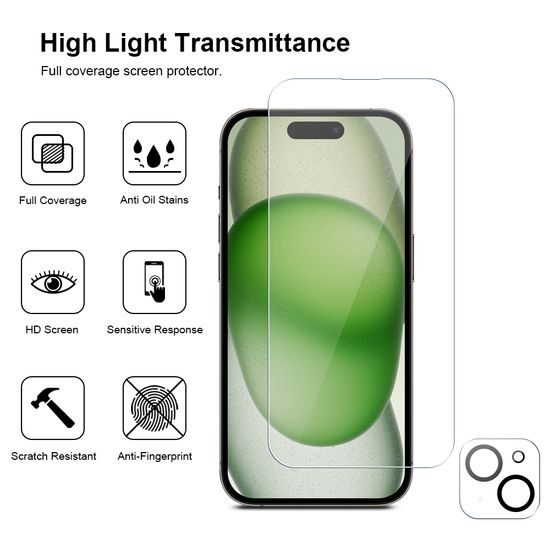 JP Mega Pack Vetri Temperati, 3 vetri per telefono con applicatore + 2 vetri per fotocamera, iPhone 15