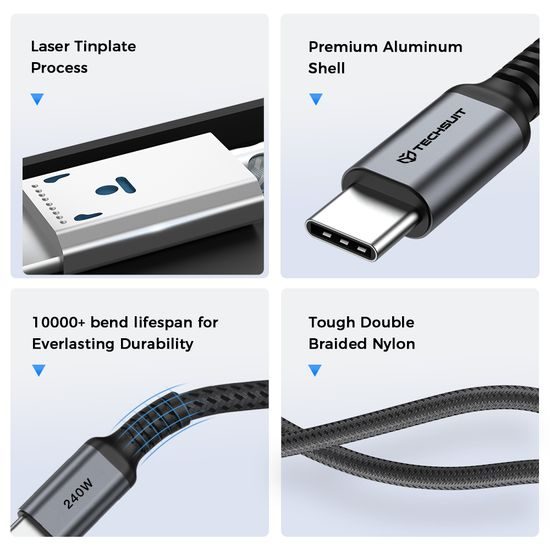 Techsuit Premium datu kabelis TitanSync Pro (CX2) USB-C uz USB-C, PD 240 W, 1 m – pelēks (2)