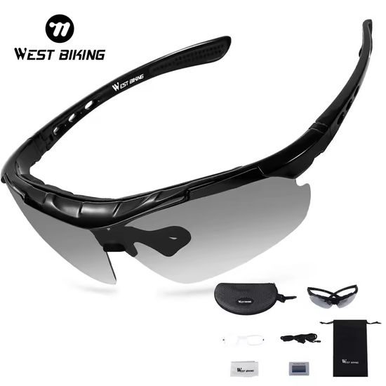 West Biking Polarisierte Sportbrille für Radfahren - UV-Schutz Fahrradbrille mit photochromatischen Gläsern - Schwarz