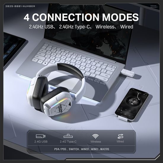 Onikuma GT883 Kabelloses Gaming Headset mit Mikrofon - Bluetooth 5.4 - Over-Ear Kopfhörer - RGB Beleuchtung - Weiß