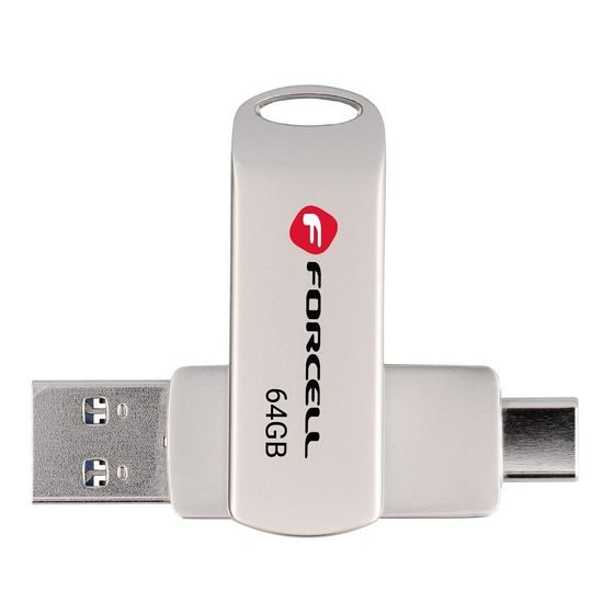 Forcell F-Data Metal Duo Pendrive 64GB (USB-A / USB-C), ασημί