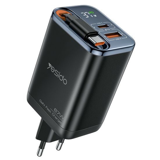 Yesido YC100 USB Ladegerät USB-C & USB-A mit GaN-Technologie 67W + USB-C Kabel 65cm - Schwarz