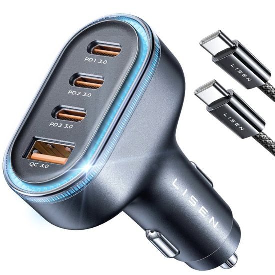 Lisen Nabíječka do auta s USB-C kabelem, USB, 3× USB-C, 101 W, 12 V–24 V, černá