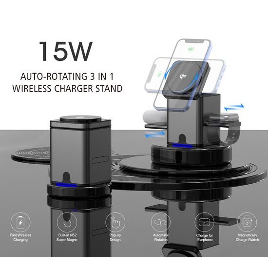 MagCube Pro Qi2 Έξυπνος Αναδιπλούμενος 3σε1 Ασύρματος Φορτιστής με MagSafe με Φόρτιση 15W, Γκρι