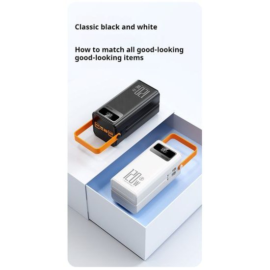 Powerbank 80.000 mAh, 120W PD + QC, 4 USB + 2 Kabel, LED-Licht, weiß