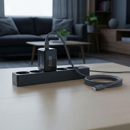Forcell F-Energy GaN III Ladegerät - 2x USB-C 60W - mit USB-C auf USB-C Kabel - Schwarz