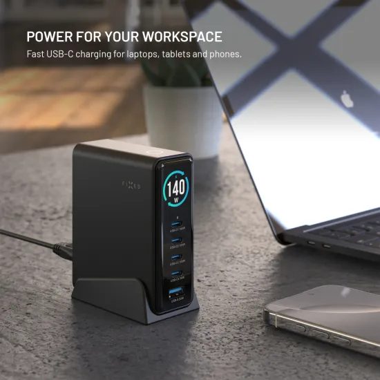 FIXED GaN dokkoló töltőállomás kijelzővel, 4x USB-C + USB, PD 3.2, 140W, fekete