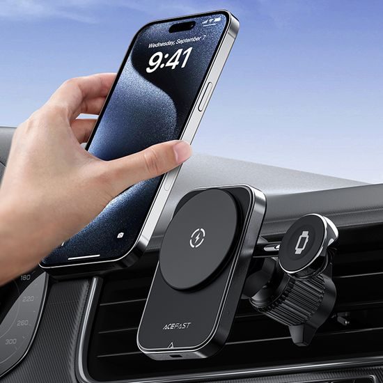 Acefast D18 Draadloze Autolader met Magnetische Houder - voor iPhone & Apple Watch - Zwart