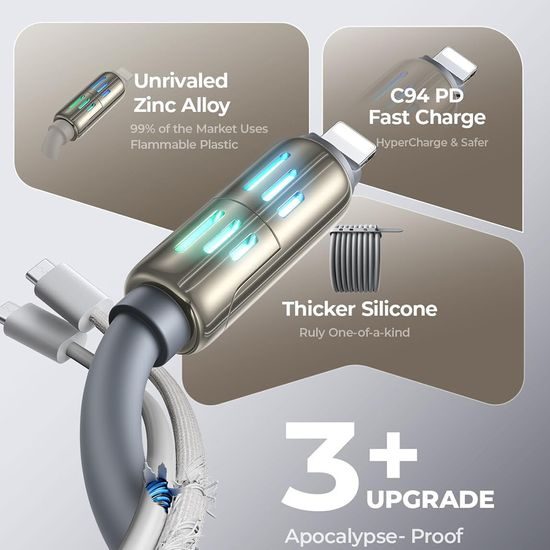 Lisen Καλώδιο Δεδομένων 4 σε 1 USB-A / USB-C - USB-C / Lightning, 240 W, 2 m, γκρι