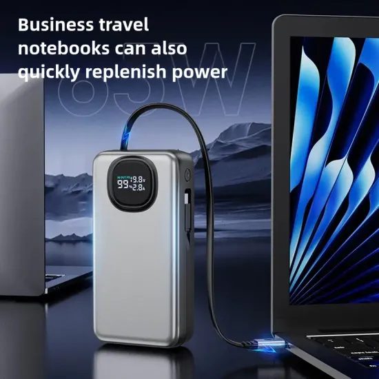 Power Bank 20.000 mAh για Laptop με PD 65W, Ενσωματωμένο Συρόμενο Καλώδιο USB-C και Lightning, Γκρι