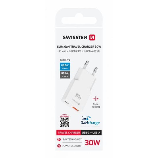 Swissten GaN Netzadapter USB-C + USB-A 30W - Schnellladegerät mit Power Delivery - Weiß