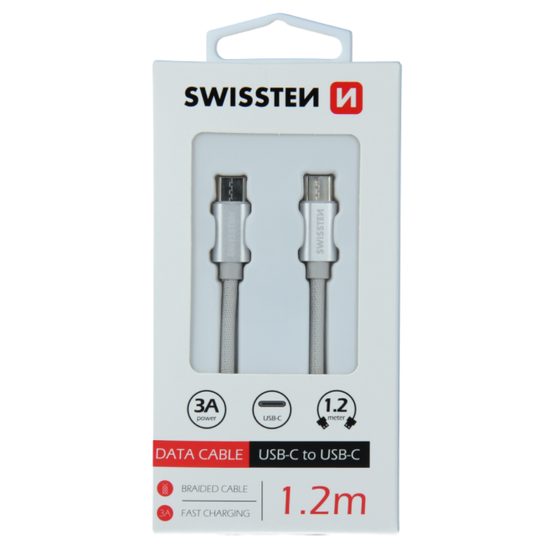 Swissten adatkábel textil, USB-C / USB-C, 1,2m, ezüst