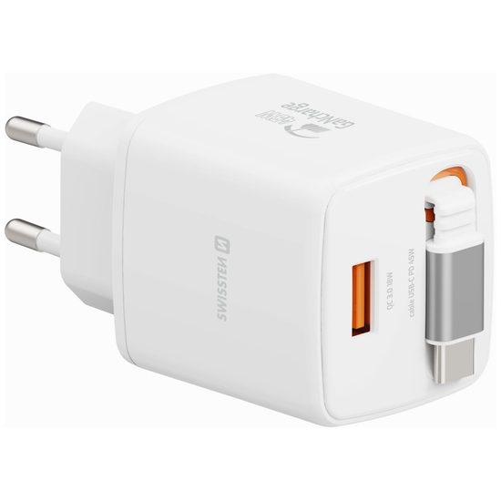 Swissten SlideCharge adapter s izvlačivim USB-C kabelom GaN 45W, 1x USB-A 18W, bijeli
