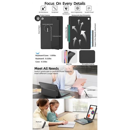JP Μαγνητική θήκη με αποσπώμενο πληκτρολόγιο Bluetooth, touchpad, οπίσθιο φωτισμό, περιστρεφόμενη βάση και θήκη για stylus, Samsung Galaxy Tab S9+ / S10+ / S7 FE / S9 FE+, μαύρη