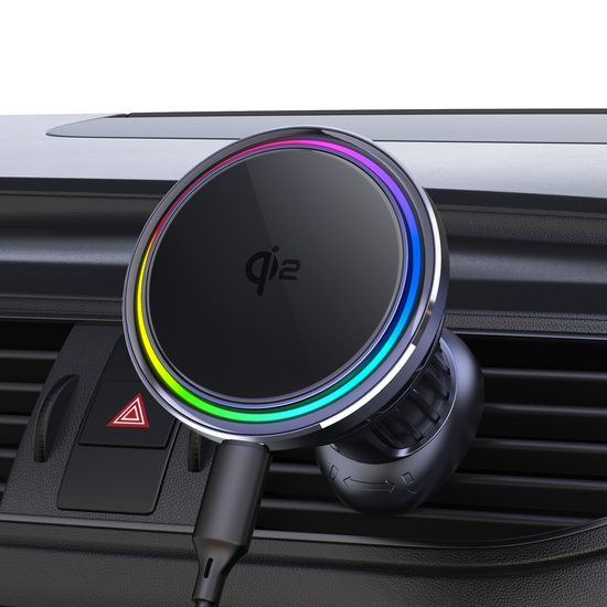 Kühlender MagSafe Qi2 Halter mit kabellosem Laden für Autolüftung, mit RGB wählbarer Beleuchtung, 15W, rund, schwarz