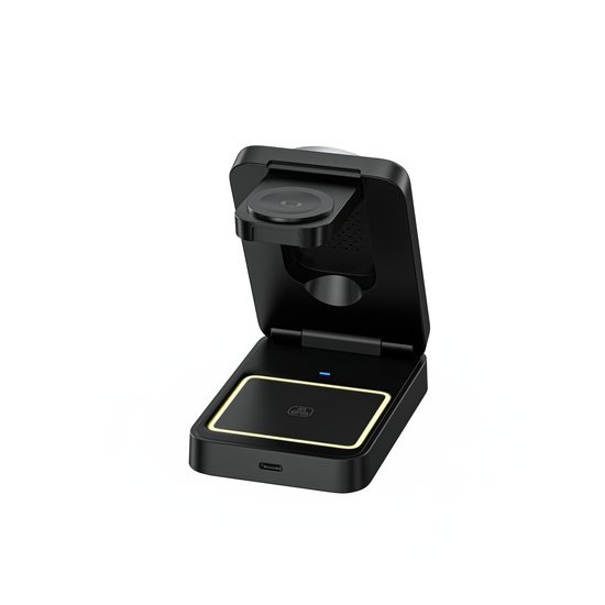 3in1 Magnetisches Kabelloses Ladegerät Faltbar mit LED Nachtlicht - Effiziente Wireless Ladestation für Smartphone, Earbuds und Smartwatch - Grau