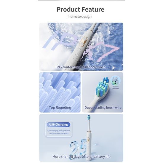 Sonisk elektrisk tandbørste med sæt på 8 børstehoveder, 42.000 vibrationer/min, 5 tilstande - Lyserød