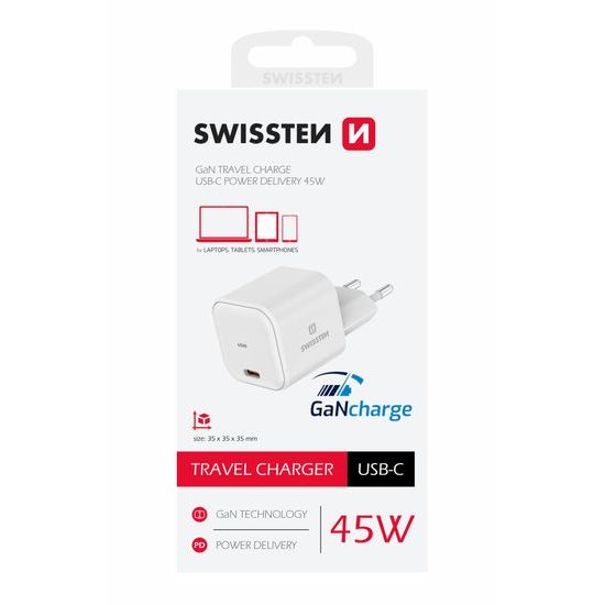 Swissten síťový adaptér GaN 1x USB-C 45W, Power Delivery, bílý