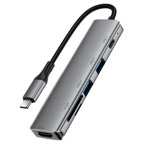 Acefast 6-in-1 Adapter (J18) - USB-C naar 2x USB 3.0, USB-C PD 90W, HDMI 4K, SD/TF Kaartlezer - Plug & Play - Grijs