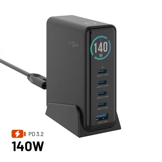 FIXED GaN dokkoló töltőállomás kijelzővel, 4x USB-C + USB, PD 3.2, 140W, fekete