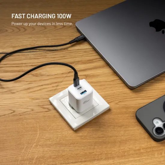 FIXED Mini GaN hálózati töltő, 2x USB-C + USB, PD 100W, fehér
