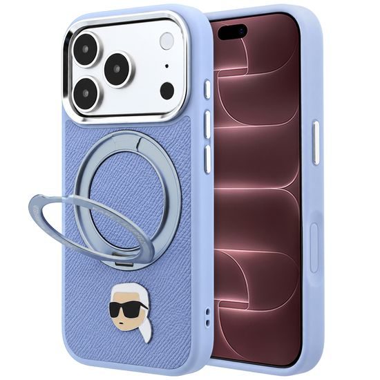 Karl Lagerfeld Leather Ring Stand 360 K Pin MagSafe ümbris iPhone 17 Pro Max / 18 Pro Max – sinine