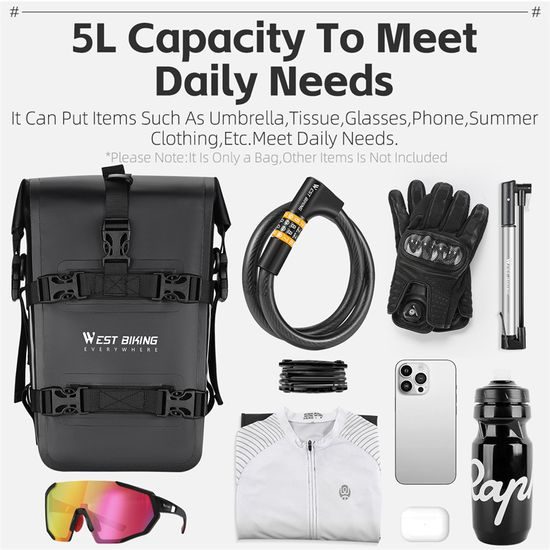 West Biking Vodoodporna kolesarska / motociklistična torba 5L, črna