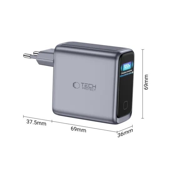Tech-Protect Powervision NC140W-GAN 4portová nabíjačka, PD 140 W / QC 3.0, sivá